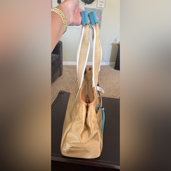 Coach gold and blue sateen nwt Hampton weekender leather trim - Picture 2 of 6